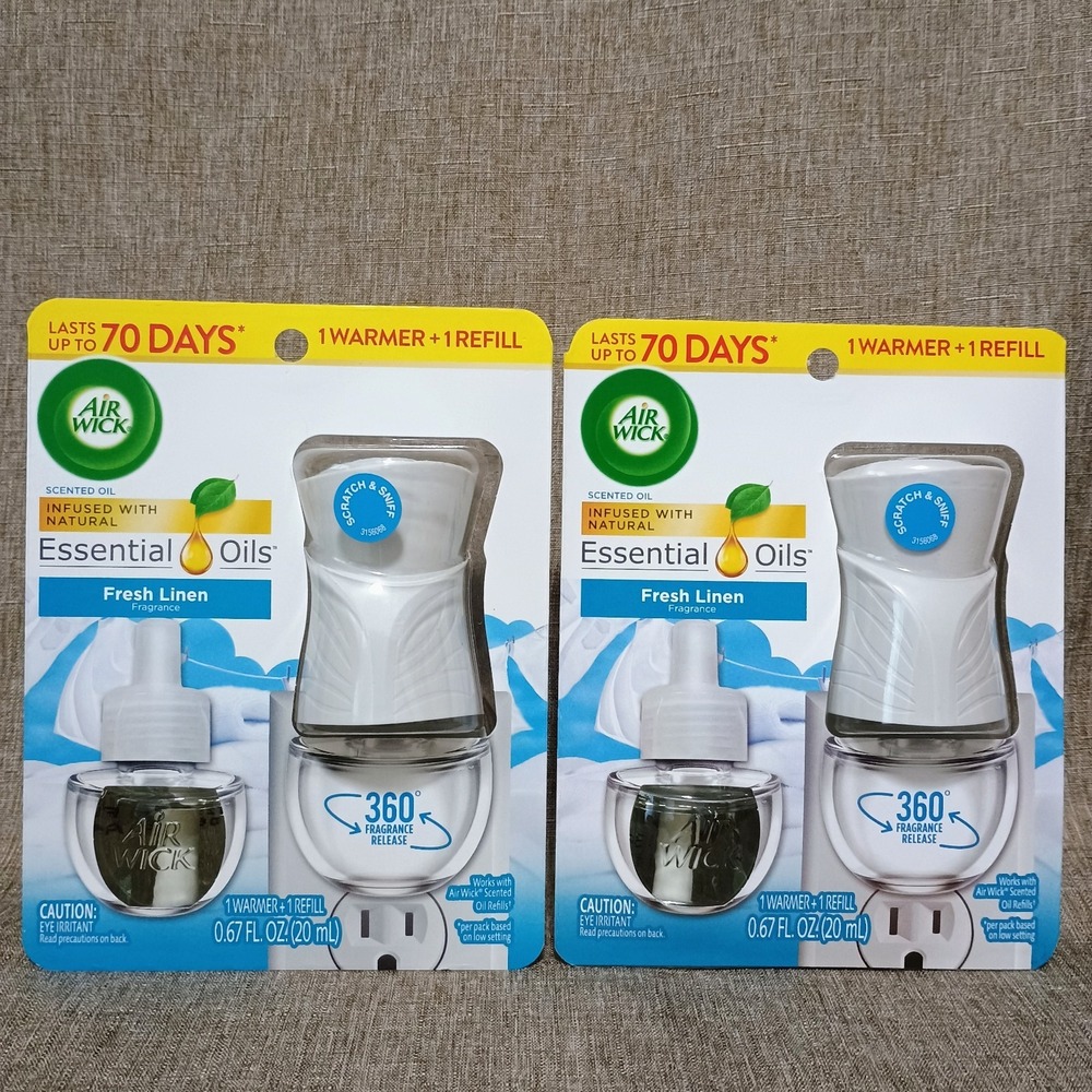 Lot of 2 Air Wick Fresh Linen Essential Oil Warmer + 1 Refill Plug In White